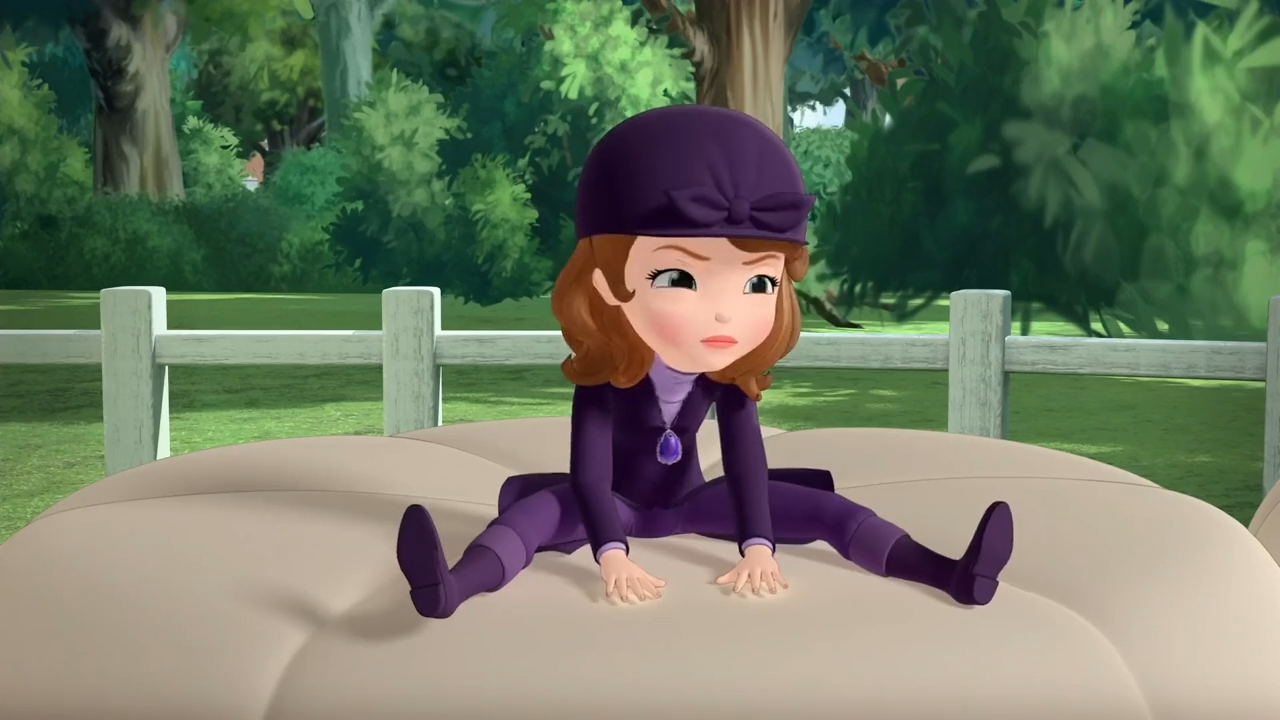 a cartoon of a girl in purple sitting on a bed