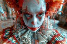 a woman with red hair and white face paint