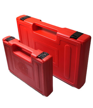 a red plastic toolboxes
