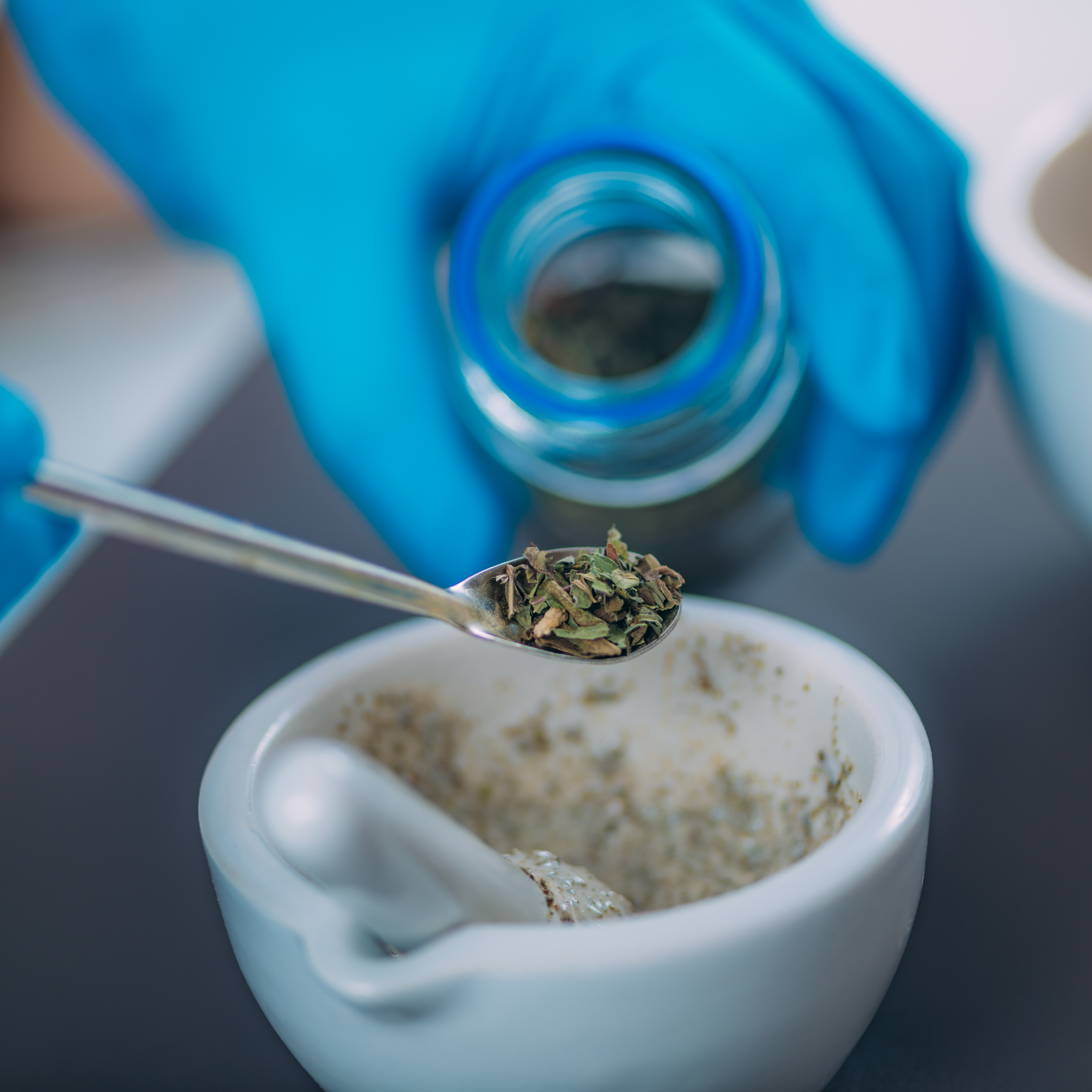 a person holding a spoon with a green leaf in it