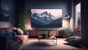 a living room with a television and plants