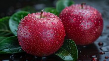 a pair of red apples with water droplets on them