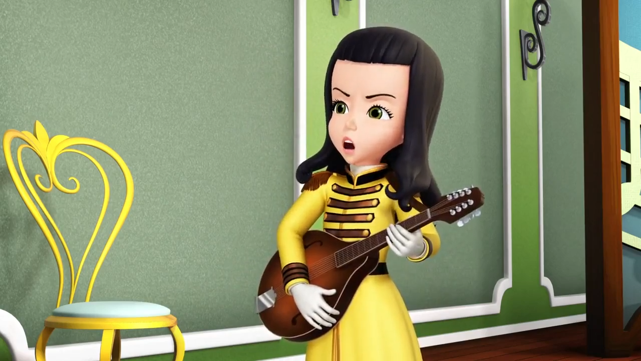 cartoon girl in a yellow dress playing a guitar