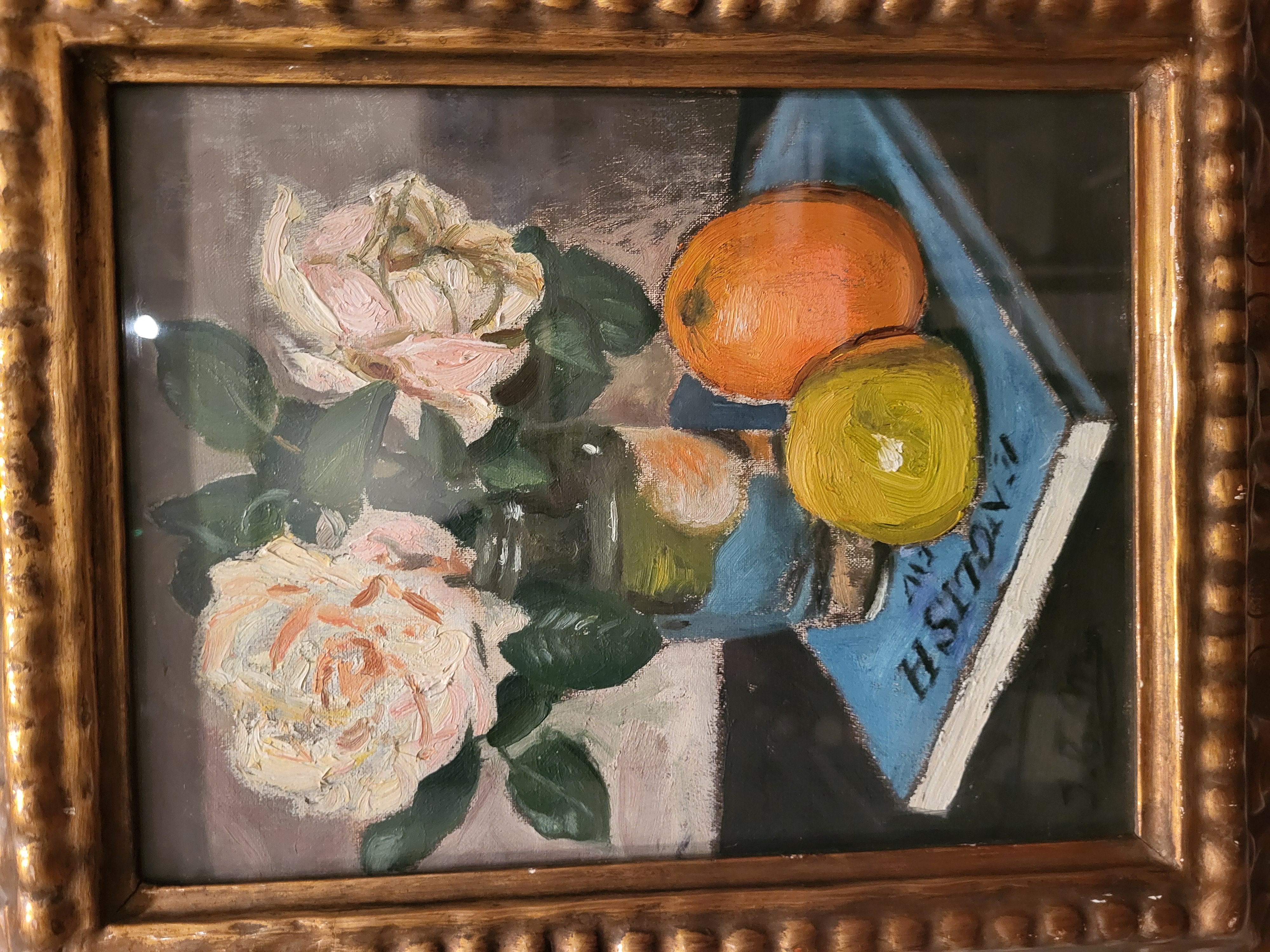 a painting of flowers and fruit