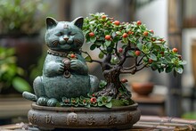 a cat statue with a bonsai tree