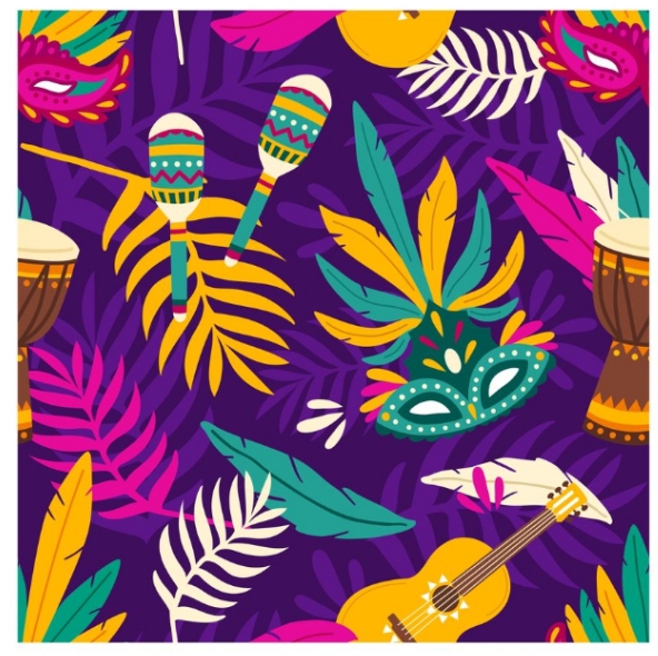 a colorful pattern with feathers and instruments