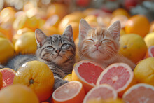 two cats lying next to oranges