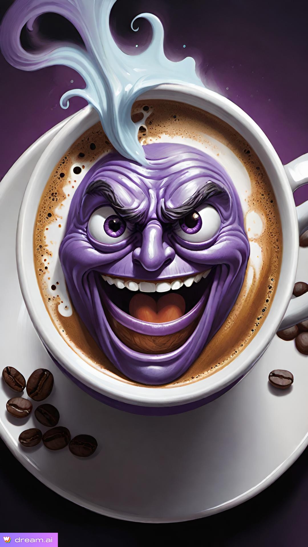 a purple cartoon face in a coffee cup