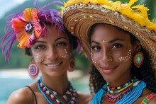 two women wearing colorful hats and jewelry