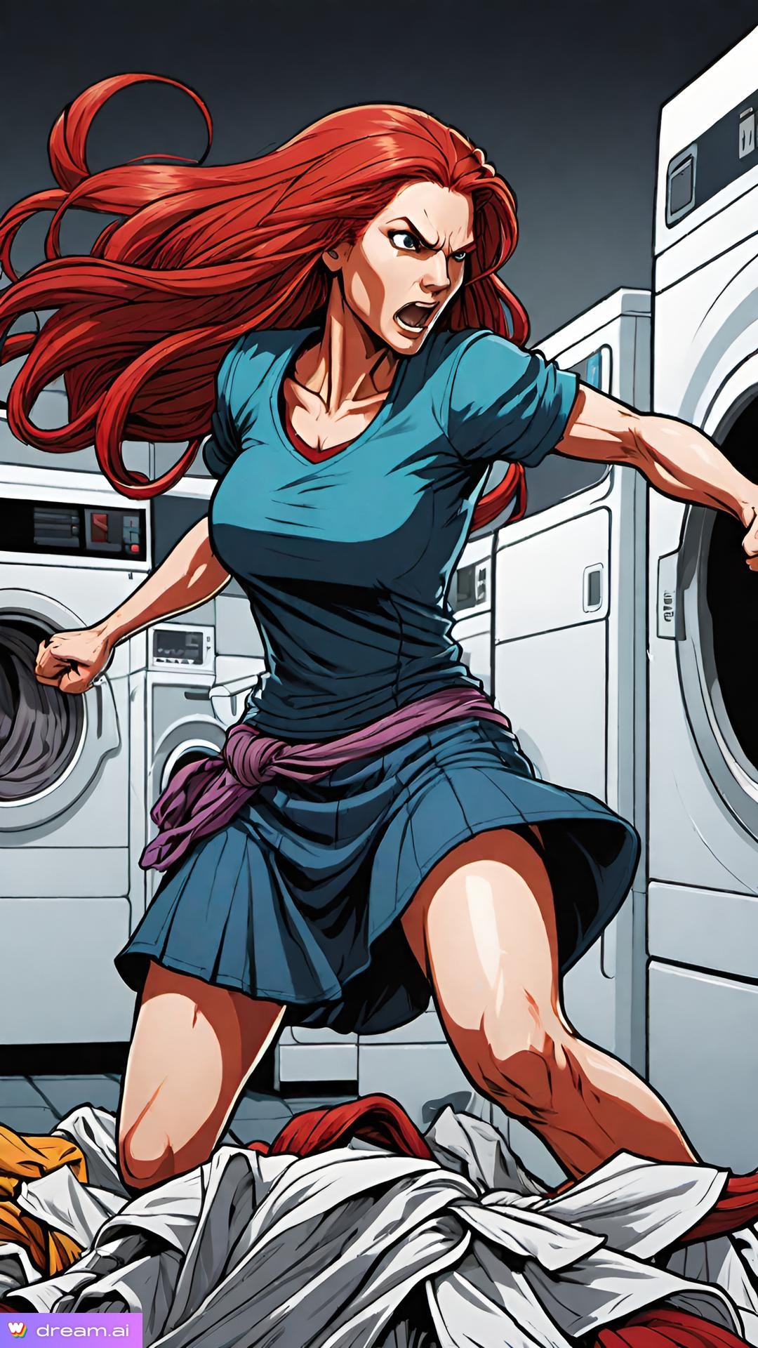 a woman with red hair running in front of a washing machine