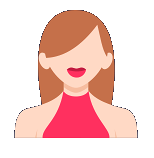 a woman with red lips and a pink top