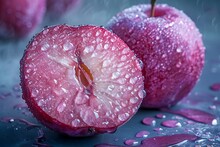 a cut apple with water droplets on it