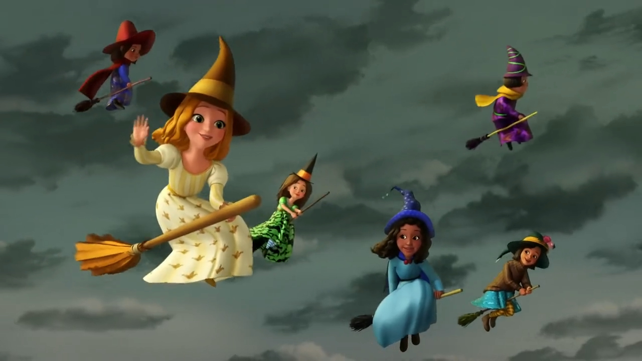 cartoon characters flying on broomsticks