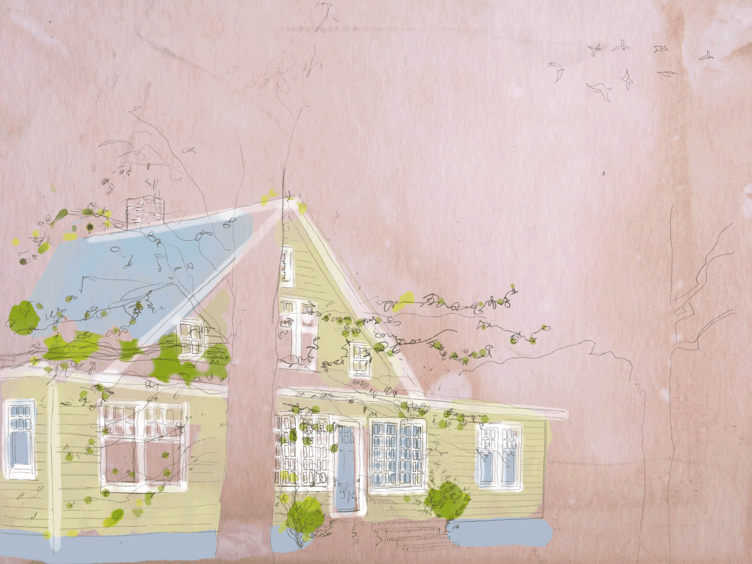 a house with a pink background