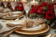 a table set with a bouquet of roses