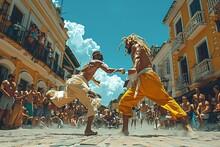 two men fighting in a street