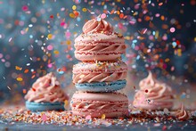 a stack of pink and blue macaroons with sprinkles