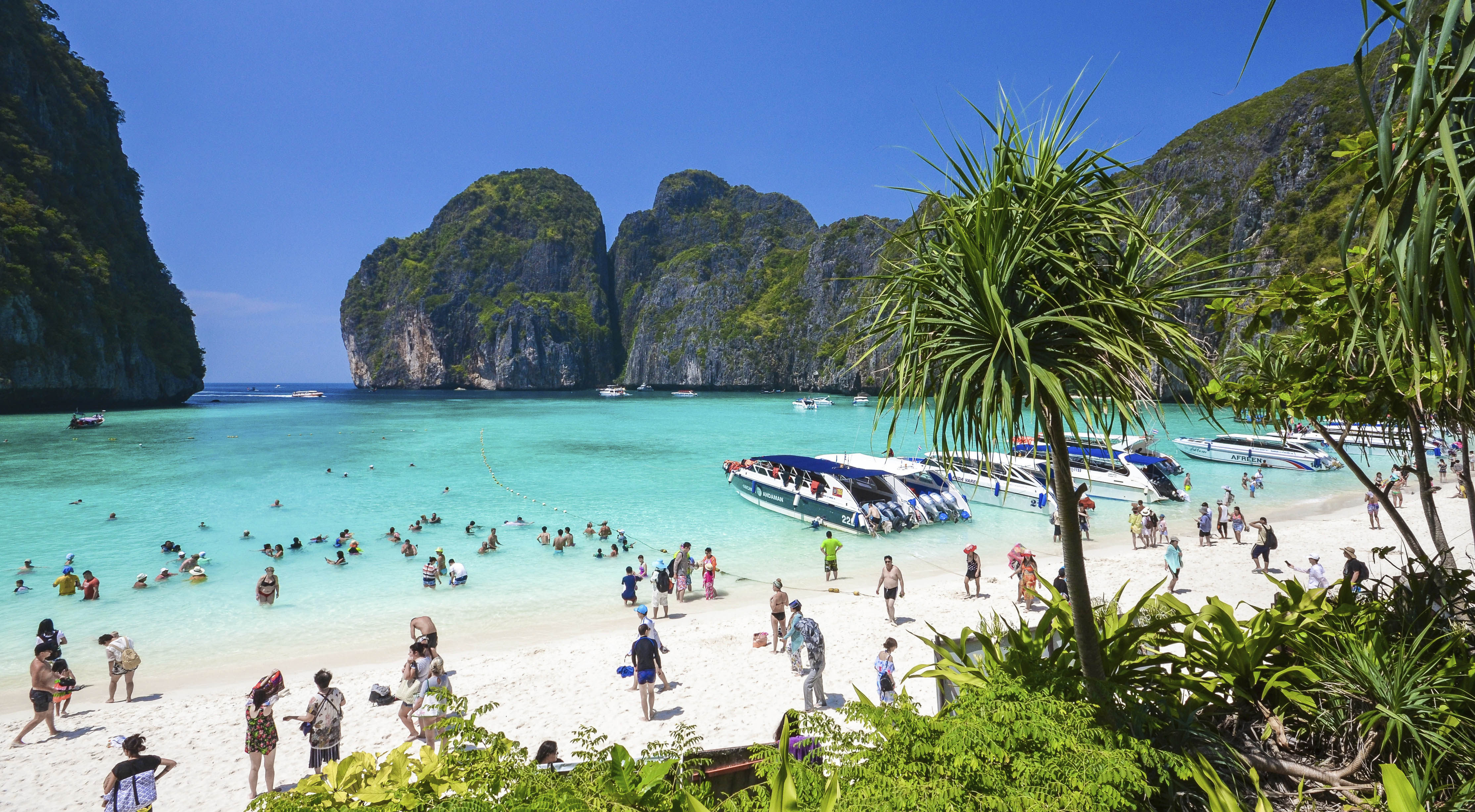 a group of people on a beach with Phi Phi Islands in the background
