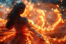 a woman in a dress with fire