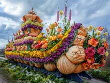 a large boat made of vegetables and flowers