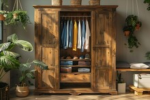 a wooden cabinet with clothes in it