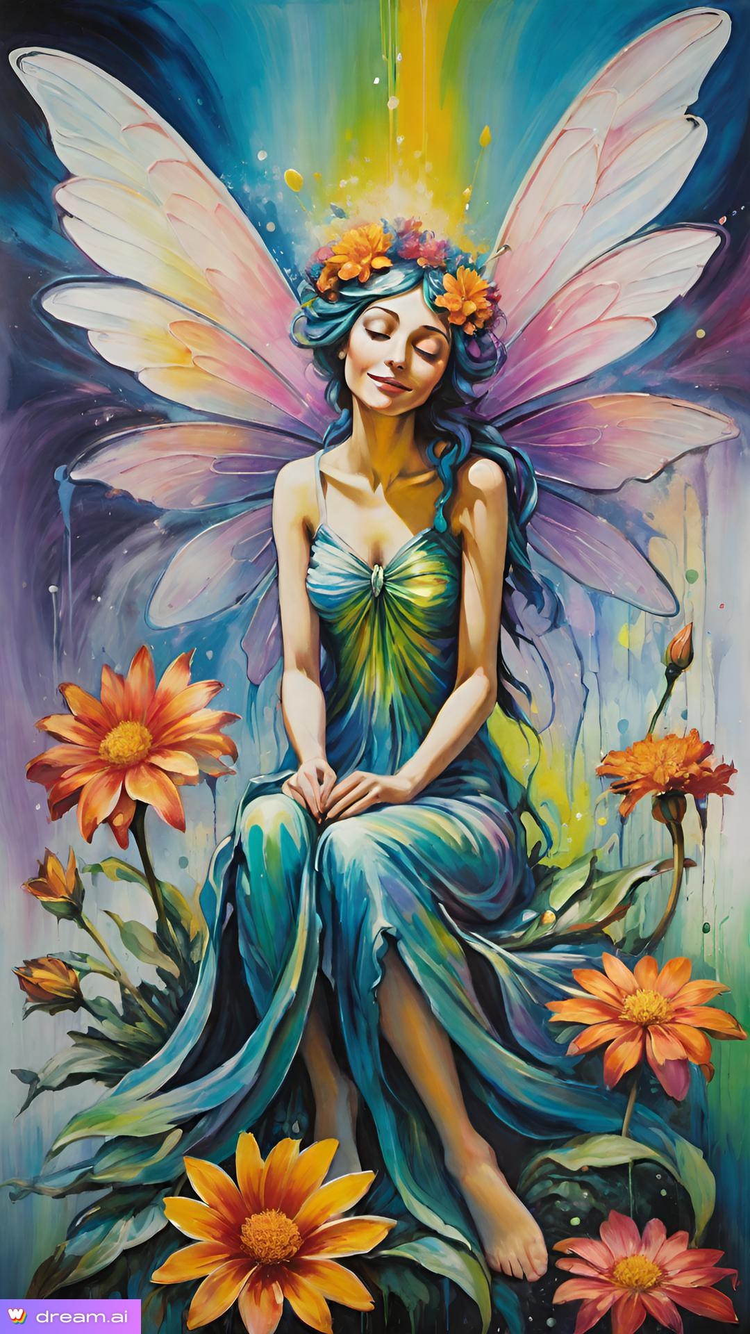 a painting of a woman wearing a dress with wings and flowers