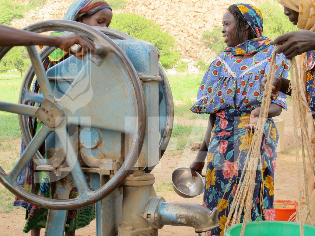 a woman holding a bucket and a water pump