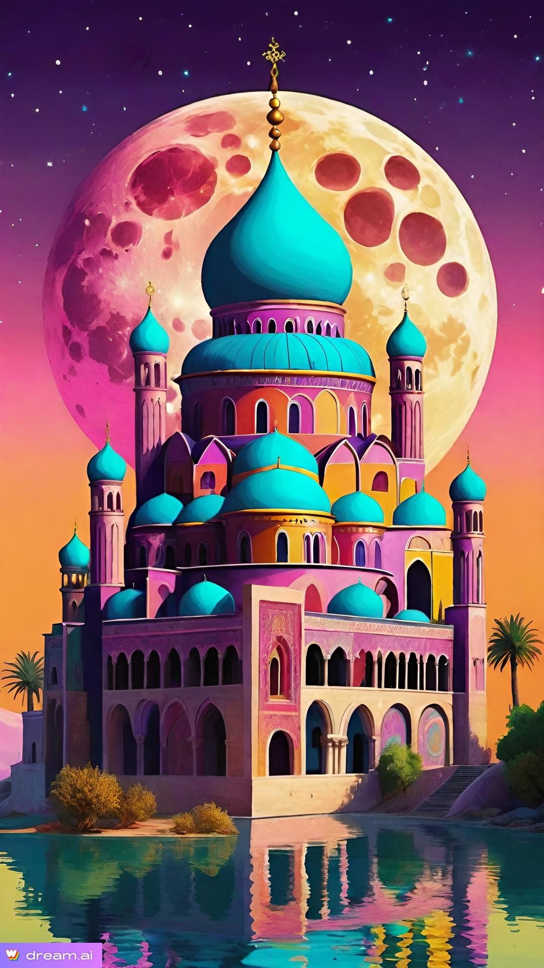 a colorful building with blue domes and a moon in the background