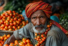 a man with a beard and a turban and a basket of tomatoes