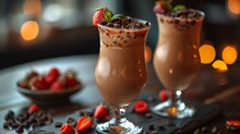 two glasses of chocolate milkshakes with strawberries