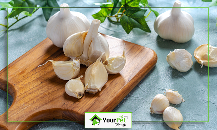 a group of garlic cloves on a wooden cutting board