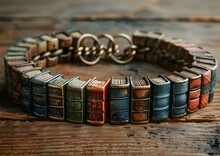 a bracelet of books on a wood surface