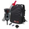 a black backpack with a black bag and a red object