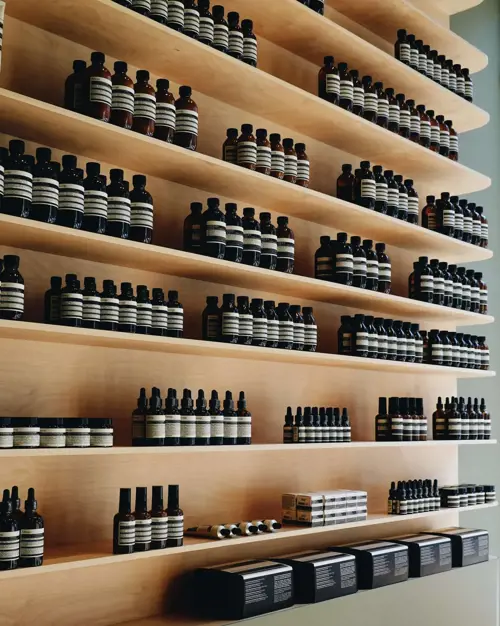 shelves of bottles on a shelf