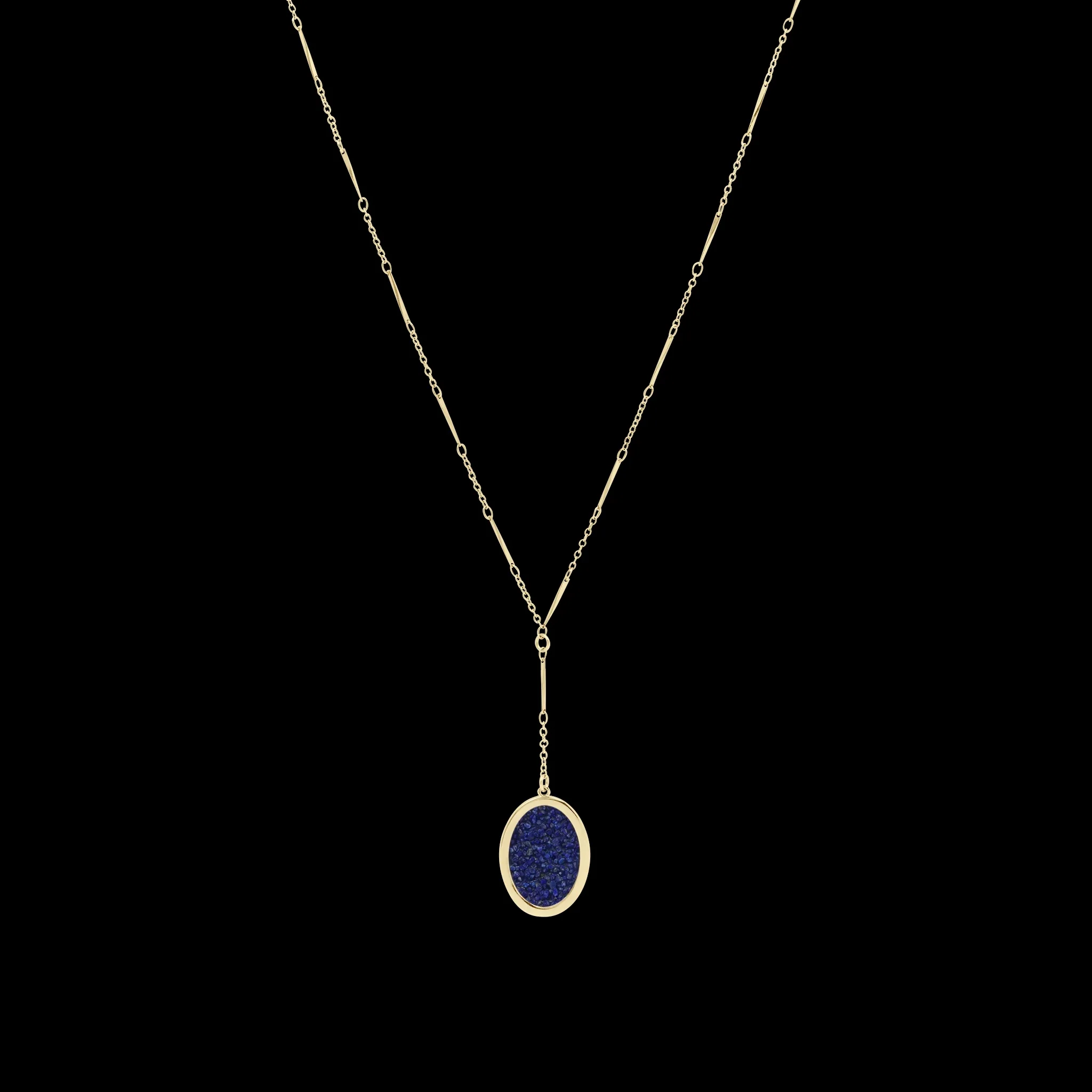 a gold chain with a blue stone pendant