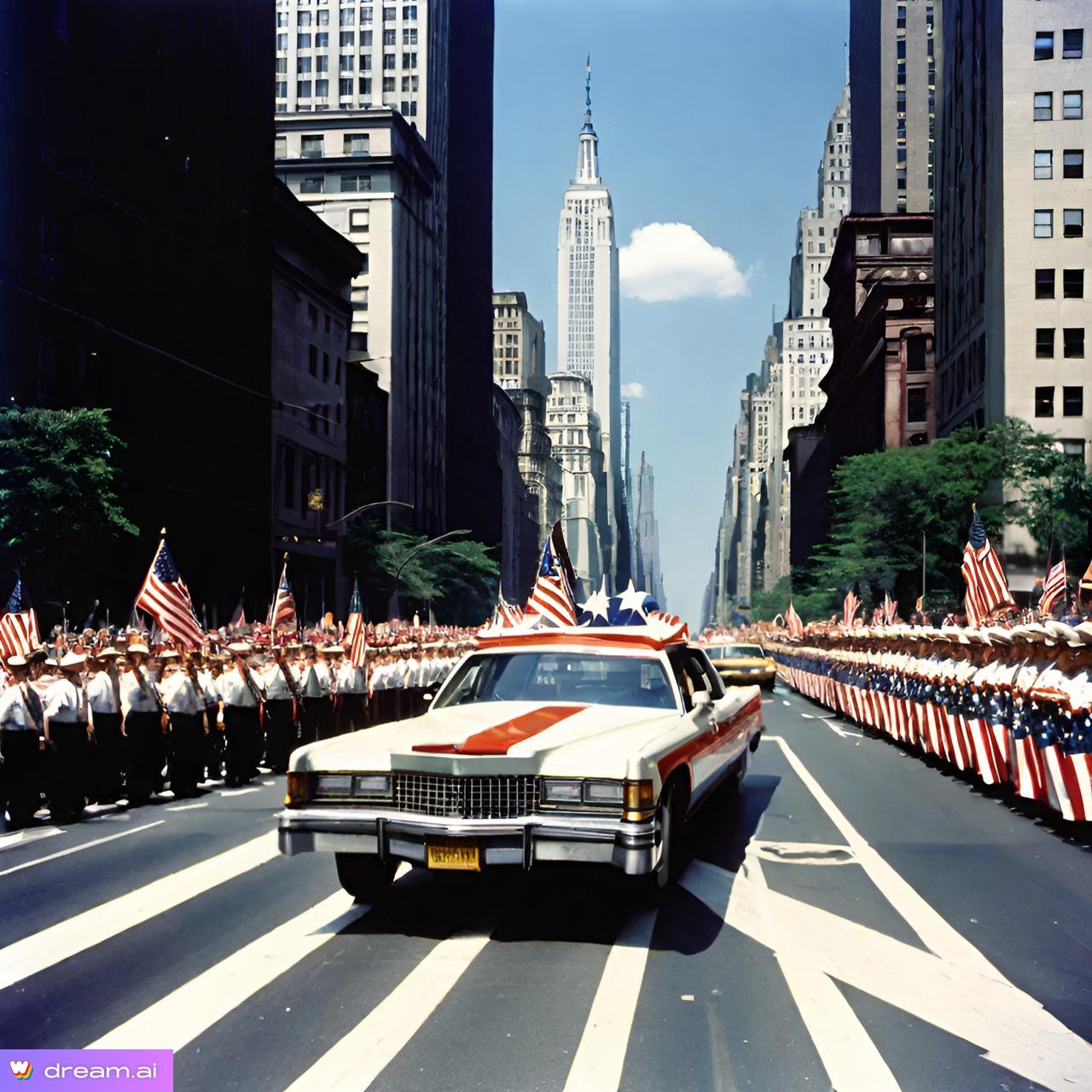 a car with a flag on the top and a group of people marching in the street