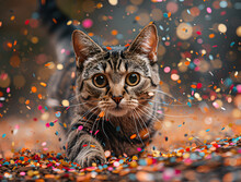 a cat running through confetti