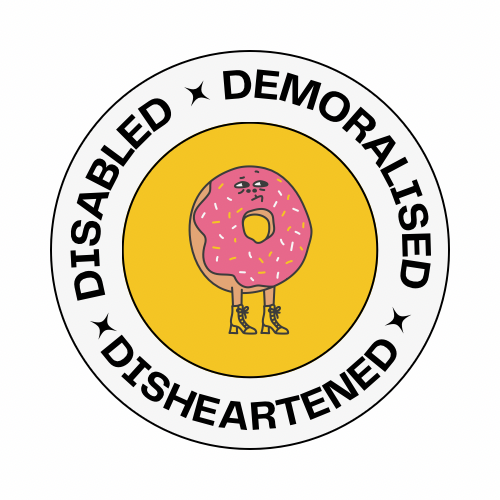 a round white circle with a pink donut with a cartoon character in shoes