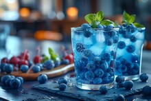 a blue drink with berries in a glass