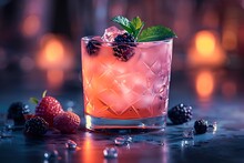 a glass of pink drink with berries and ice