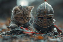 a cat playing with a toy knight