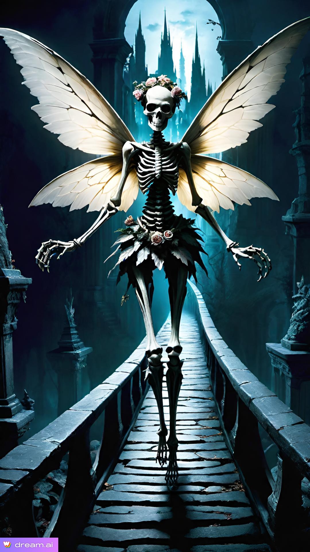 a skeleton with wings walking on a bridge