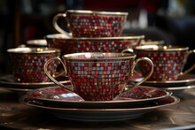 a group of tea cups and saucers