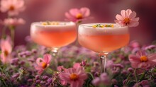 two glasses of pink liquid in a field of flowers