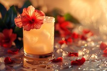 a glass with ice and a flower on it