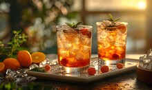 two glasses of ice tea with fruit on a tray