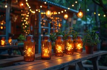 a group of glass jars with lights on a table