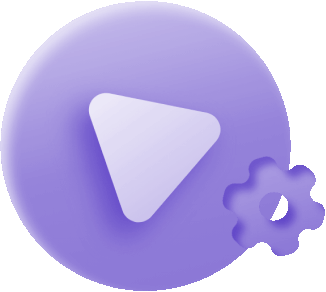 a purple play button with a gear