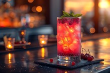 a glass of red drink with ice and berries on a black surface