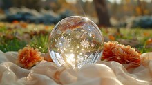 a glass ball with flowers in the background